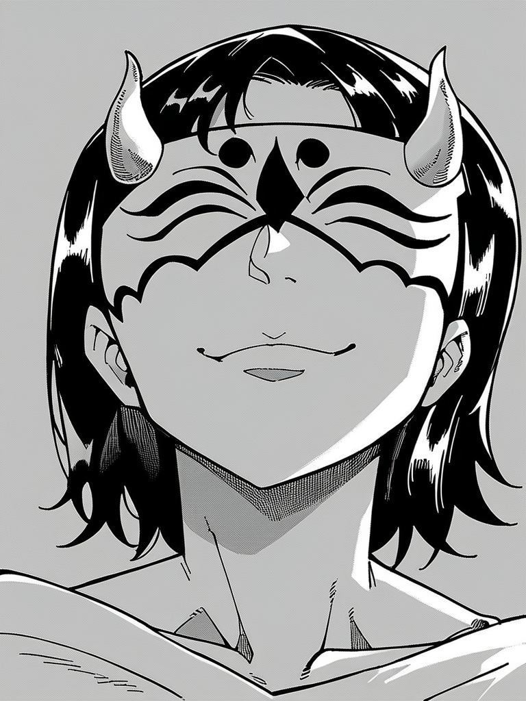 score_9, score_8_up, score_7_up,  
1girl, monochrome, mature female, black hair, medium hair, face, close-up, looking at viewer, smile, closed mouth, cult mask, eye mask, horns,