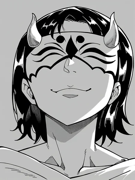 score_9, score_8_up, score_7_up,
1girl, monochrome, mature female, black hair, medium hair, face, close-up, looking at viewer, smile, closed mouth, cult mask, eye mask, horns,
