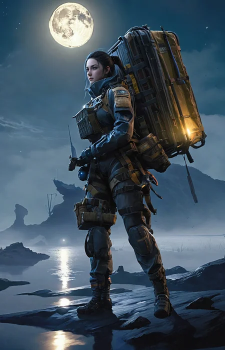 a lovely fascinated girl carries a sizable cargo while wielding a firearm, encapsulating the game's unique blend of isolation and combat., a vast, A moonlit lake, with fog rolling over the water and mysterious shapes beneath the surface sky ,moon just appeared ,Command base in background, a girl wearing with armor,weapon, headgear,motocycle bpk, backpacker, <lora:BPKXLV1-000003:0.8>