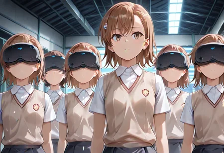1girl, misaka imouto, toaru majutsu no index, tokiwadai school uniform, brown hair, skirt, brown eyes, shirt, sweater vest, short hair, white shirt, short sleeves, pleated skirt,  v-neck, black skirt, bangs, grey skirt, brown sweater vest, collared shirt,Expressionless,
wearing (((vr headset))),
warehouse, Late Night,
BREAK
BREAK masterpiece, best quality:1.2, very aesthetic, absurdres, very awa, 4K, clear_skin, (matte_skin:1.2), beautiful artwork, (beautiful color), (perfect anatomy:1.2), newest, extremely detailed CG, <lora:hand 5.5:0.9>,   <lora:Kisaragi_Honey:0.7> <lora:girls_lineup_IL:1>lineup  <lora:quest3sdxl:1>