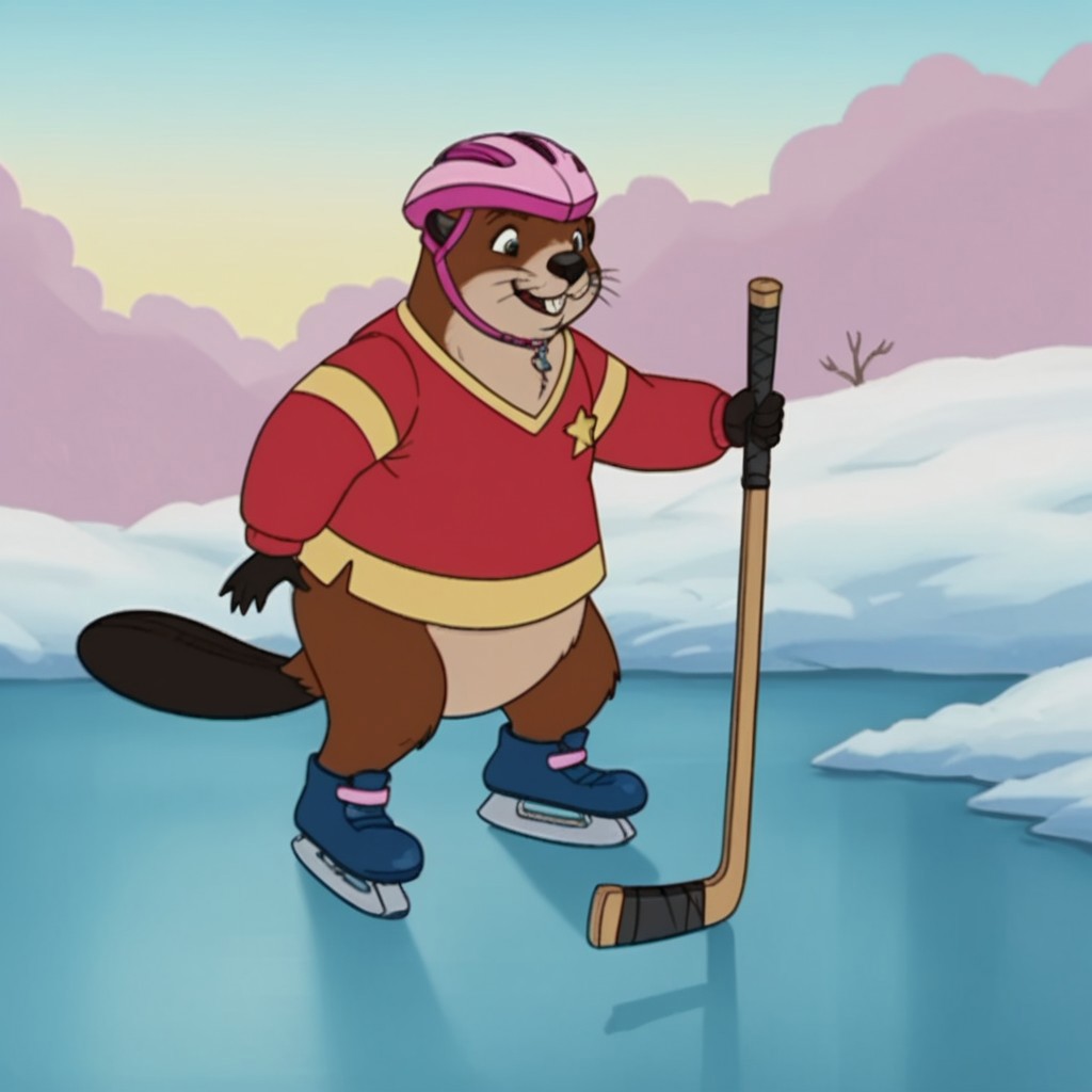 score_9, score_8_up, score_7_up, score_6_up, score_5_up, score_4_up, source_furry, beaverfrnkln, semi-anthro, female, beaver, brown fur, buck teeth, outside, standing, on ice,  pink helmet, red shirt, long sleeves, ice skates, holding, hockey stick, winter