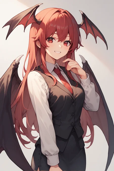 score_9, score_8_up, score_8, score_9, 1 girl, source_anime, <lora:koakuma_pony-10:1>, koakuma, red hair red eyes, wings, head wings, black vest, black skirt, white shirt, red tie, smile, sexy