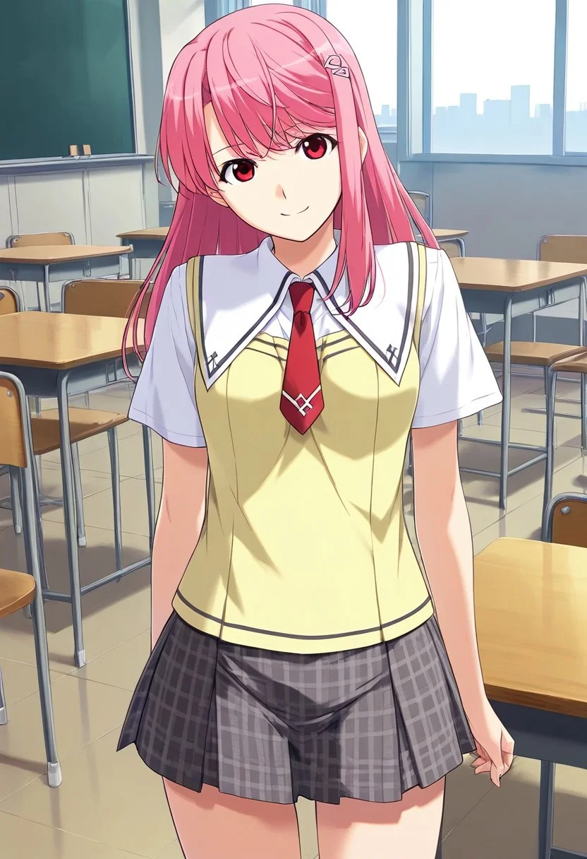score_9,score_8_up,score_7_up,source_anime,5_figner,game cg,BREAK,1girl,solo,
Shiina Kasumi,long hair,pink hair,hairclip,red eyes,parted to Side,
school uniform,sweater vest,plaid skirt,shirt,necktie,
smile,cowboy shot,standing,front view,looking at viewer,
school,class room,desk,chair,blackboard,window,
masterpiece,best qualit,ultra-detailed,illustration,an extremely delicate and beautiful,beautiful detailed eyes,unity 8k wallpaper,high resolution,official_art,