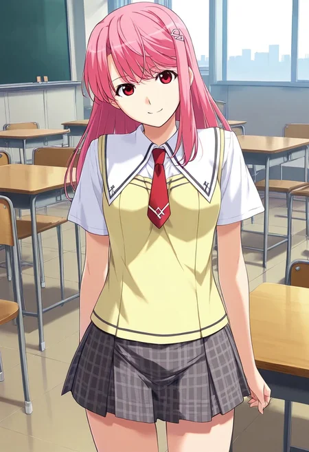 score_9,score_8_up,score_7_up,source_anime,5_figner,game cg,BREAK,1girl,solo,
Shiina Kasumi,long hair,pink hair,hairclip,red eyes,parted to Side,
school uniform,sweater vest,plaid skirt,shirt,necktie,
smile,cowboy shot,standing,front view,looking at viewer,
school,class room,desk,chair,blackboard,window,
masterpiece,best qualit,ultra-detailed,illustration,an extremely delicate and beautiful,beautiful detailed eyes,unity 8k wallpaper,high resolution,official_art,