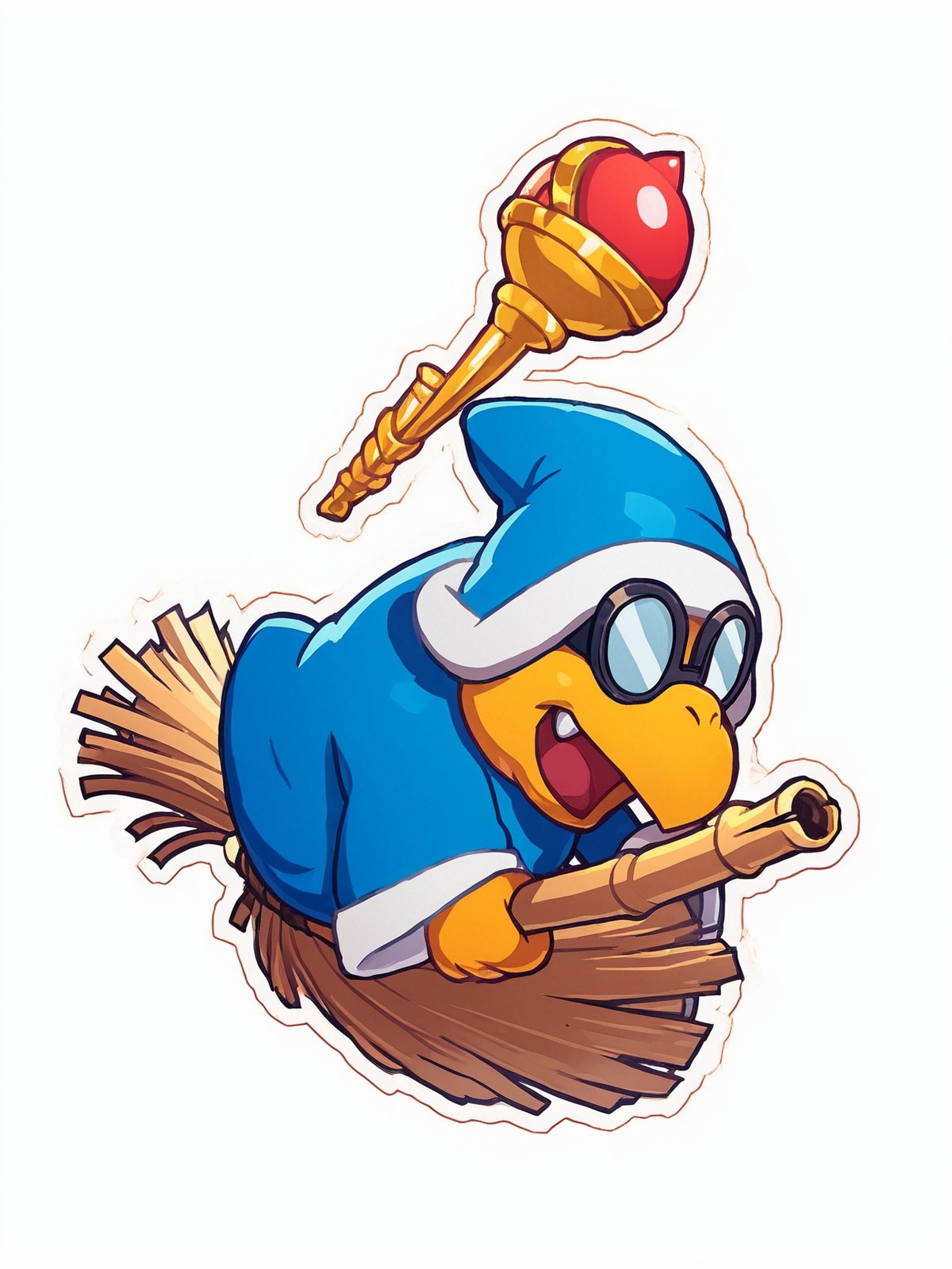 score_9,score_8,score_7,source_furry,kamek_smb,
<solo:1.5>,
<1boy:1.5>,
<white background:1.5>,
<simple background:1.5>,
 hat, solo, fang, broom, white background, simple background, outline, open mouth, full body, blue headwear, holding, smile, sitting, staff, paper_kamek, 2d, goggles,
 <lora:Kamek_SMB_Pony_SDXL:1> kamek_smb
