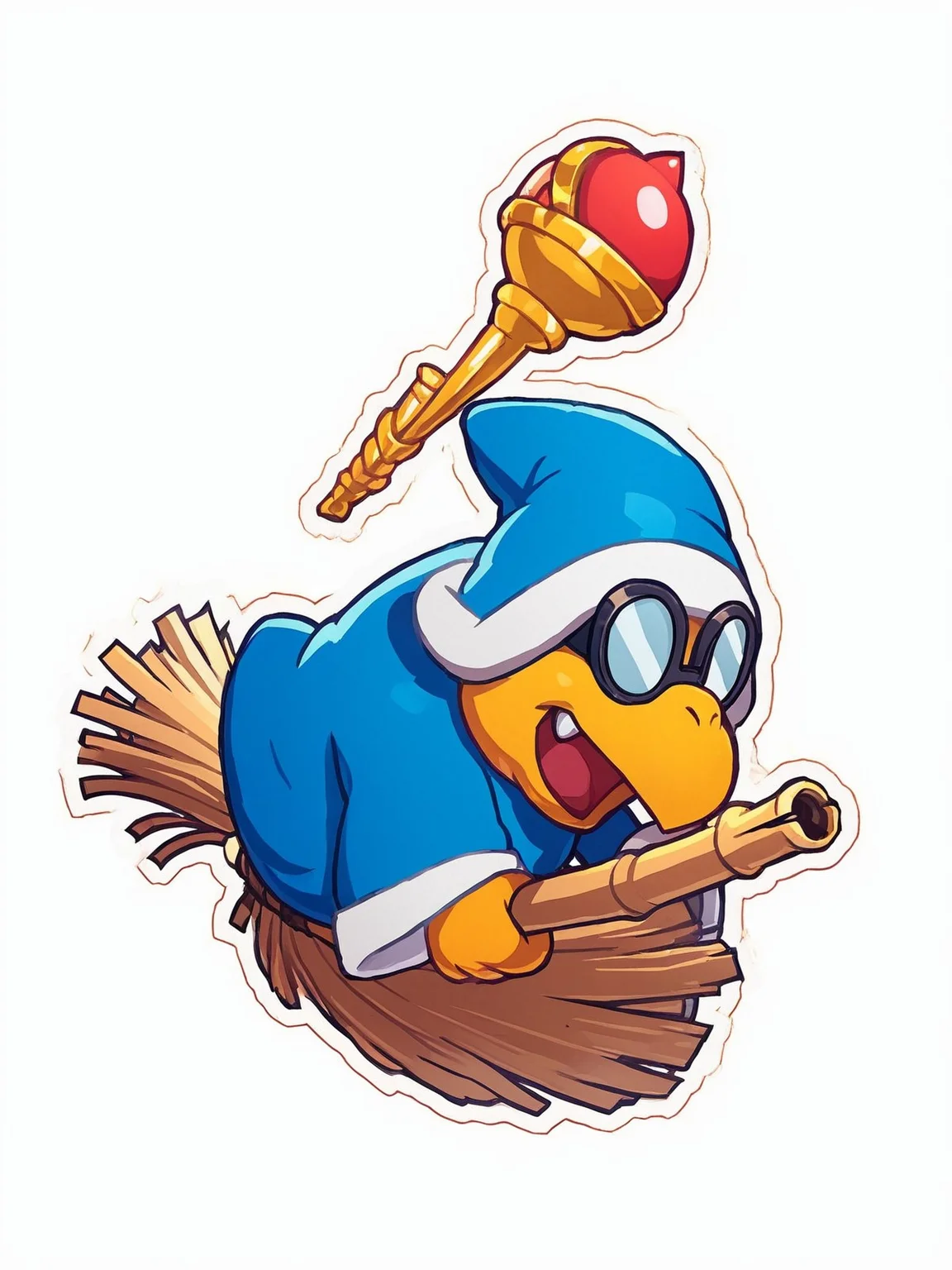 score_9,score_8,score_7,source_furry,kamek_smb,
<solo:1.5>,
<1boy:1.5>,
<white background:1.5>,
<simple background:1.5>,
hat, solo, fang, broom, white background, simple background, outline, open mouth, full body, blue headwear, holding, smile, sitting, staff, paper_kamek, 2d, goggles,
<lora:Kamek_SMB_Pony_SDXL:1> kamek_smb