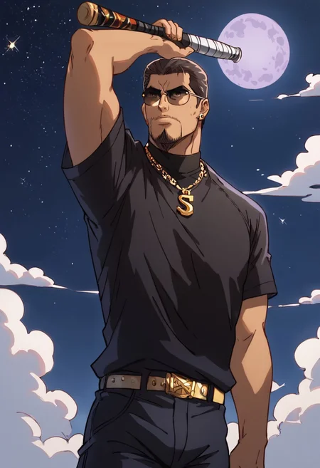 score_9, score_8_up, score_7_up, score_6_up, source_anime, BREAK, 1man, solo, (( <lora:kataoka_tesshin:1> , kataoka_tesshin, piercing dark brown eyes, clear eyes, strict eyes, strong muscular toned body, manly, strong male, alfa male, light tanned skin, short brown hair, hair gelled back, short brown circle beard, chad male, charismatic male, )) , ((very cool brown-lens sunglasses, black shirt, black trousers with gold belt, thick gold yakuza necklace, )) , male focus, from side, massive metal baseball bat over shoulder, (massive metal baseball bat, ), looking away, cowboy shot, weapon, weapon over shoulder, holding, arm up, black sky, stars, cloud, purple moon, (twilight:0.3)