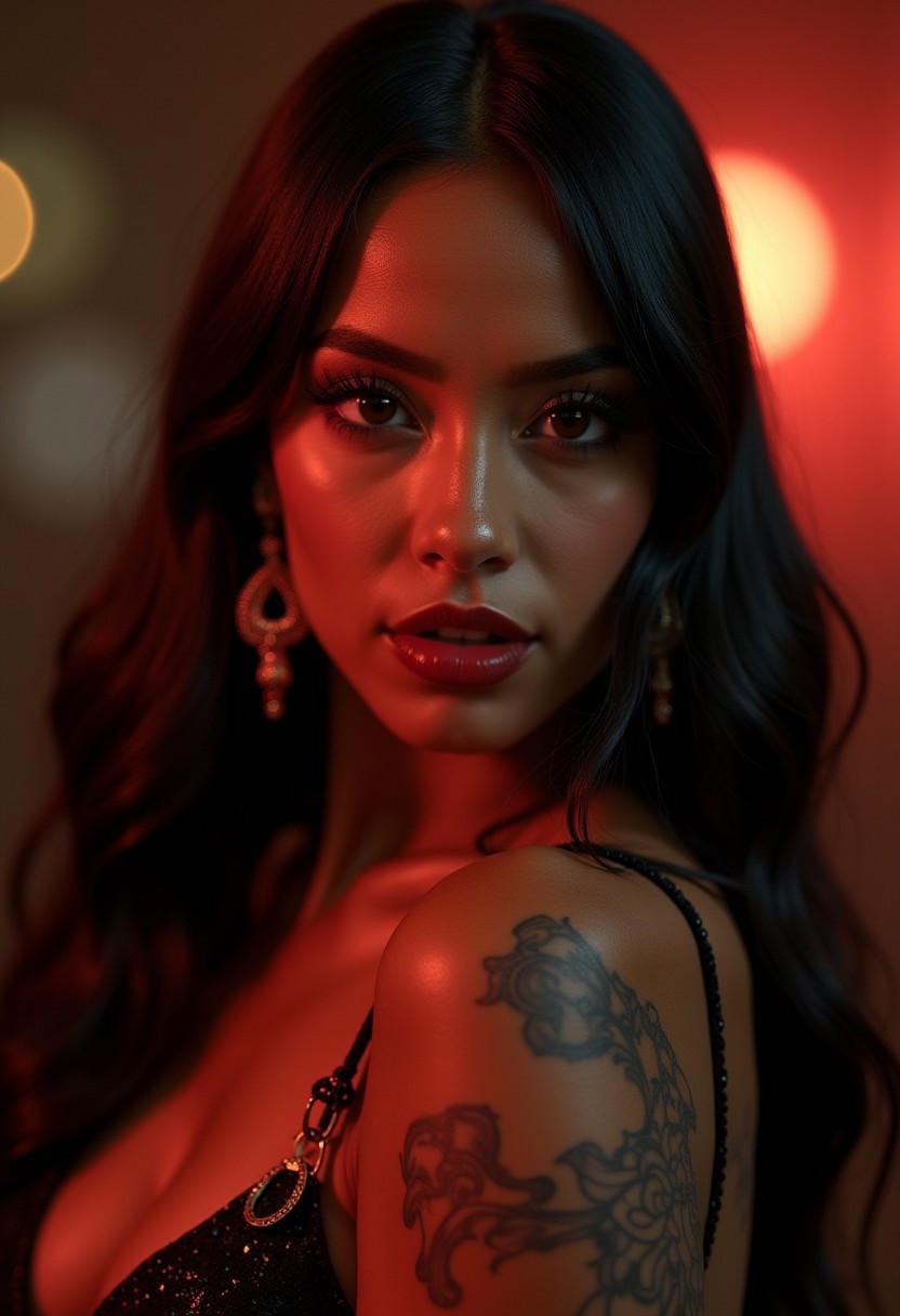 Insanely detailed full body photo of an afro-american showgirl, sleek and straight hair, detailed beautiful face, nice hands, nice body, latex bodysuit. red accessories and red earrings, tattoo, Professional photography, bokeh, natural lighting, canon lens, shot on dslr, 64 megapixels, sharp focus, award winning photograph,  Epic cinematic brilliant stunning intricate meticulously detailed dramatic atmospheric maximalist dslr photoshoot for fashion magazine cover