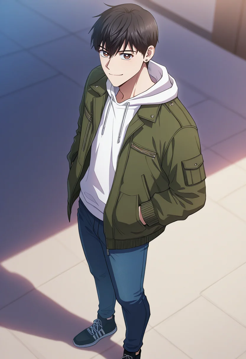 masterpiece, best quality, amazing quality,high resolution, intricate details,official style,depth of field,anime coloring,anime screencap , , , 1boy, solo, male focus,  <lora:han_yoojin:0.78>,han yoojin,black hair,short hair,brown eyes,stud earring,looking at viewer, smile, shirt,long sleeves,closed mouth, standing, jacket, open clothes, shoes, pants, hood, black footwear,hoodie, hood down,denim, sneakers, green jacket, jeans, hands in pockets, white hoodie,from above
