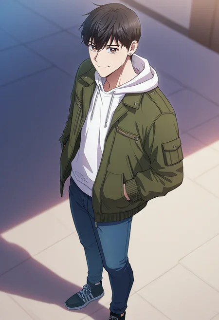 masterpiece, best quality, amazing quality,high resolution, intricate details,official style,depth of field,anime coloring,anime screencap , , , 1boy, solo, male focus,  <lora:han_yoojin:0.78>,han yoojin,black hair,short hair,brown eyes,stud earring,looking at viewer, smile, shirt,long sleeves,closed mouth, standing, jacket, open clothes, shoes, pants, hood, black footwear,hoodie, hood down,denim, sneakers, green jacket, jeans, hands in pockets, white hoodie,from above