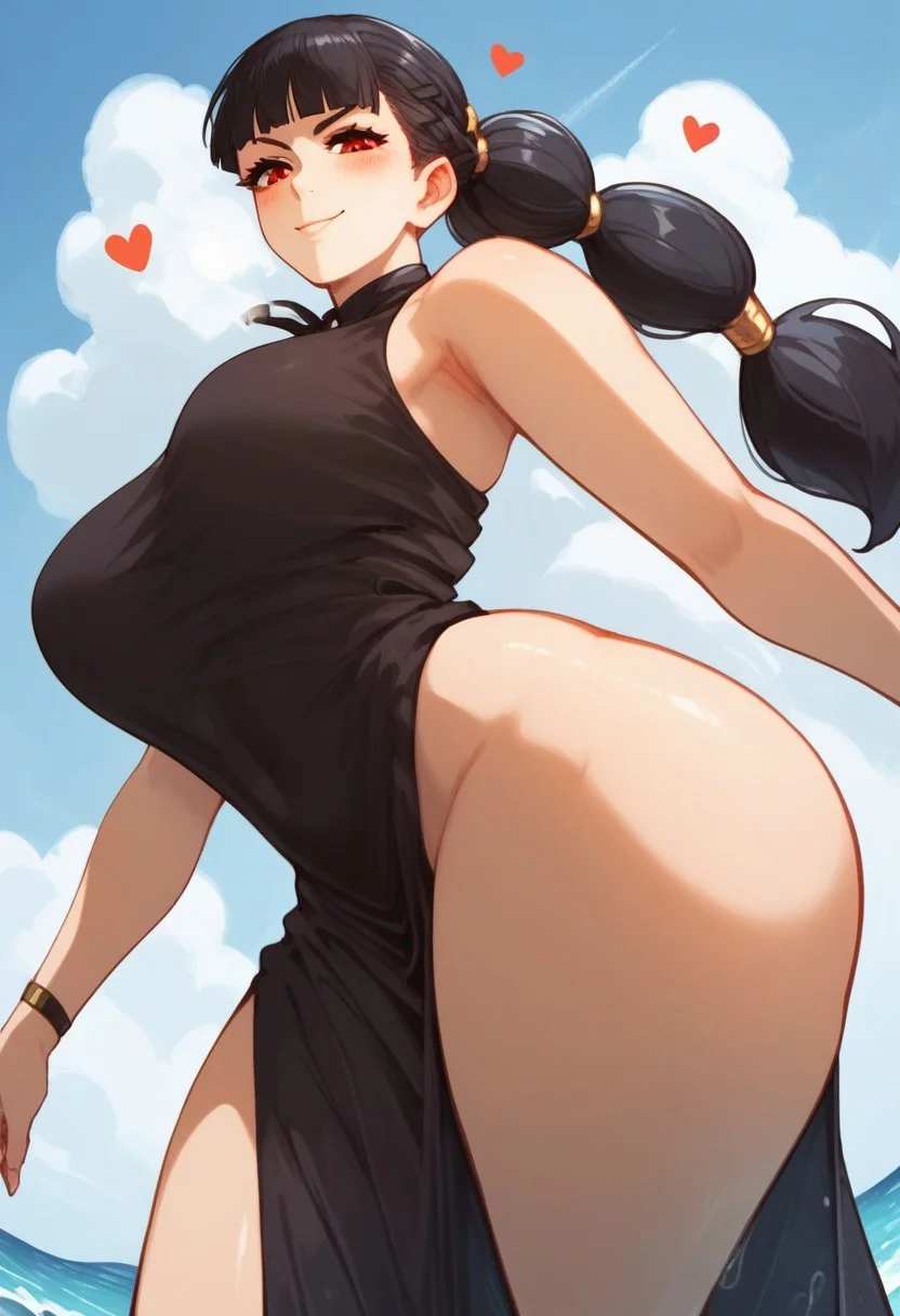 score_9_up, score_8_up, score_7_up, score_6_up, score_5_up, score_4, source_anime, 1girl,
red eyes, black hair, black bracelet, blunt bangs, gold hair rings, multi-tied hair, 1 side slit, black dress, braid,
alone, solo, huge breasts, gigantic round ass, perfect ass, thick thighs, cinematic lighting,
blushing skin, dynamic angle, unique angle, skin tight, looking at viewer, beach, in water,
expressiveh, (heart dynamics:1.2),
blush, erotic face, smirk, heavy breathing, steaming_body, (very low angle shot:1.1)