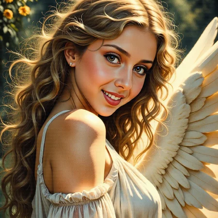 An exquisitely detailed closeup face and shoulders image of a female, side view, beautiful like an angel in fantasy style and in a fantastic mythological setting, she is smiling and turning her head to look at the viewer.