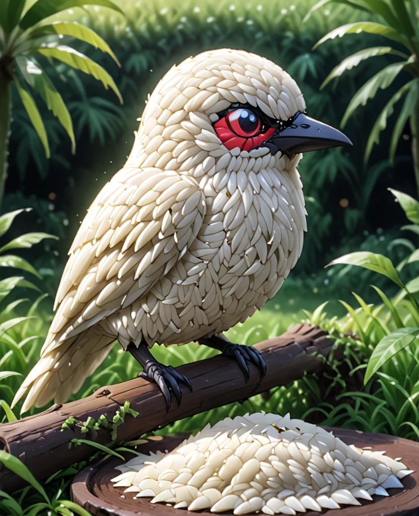 A Bird made out of rice grains in a garden background. <lora:Rice_Grains_Morph:1>,