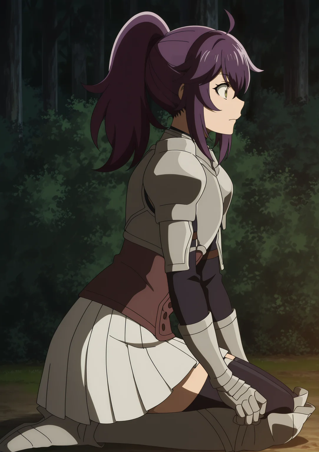 volumetric lighting, official style, amazing quality, ultra detailed, highres, detailed background,anime coloring, (anime screencap) masterpiece, detailed face,1girl<lora:Aul__:1>Aul, solo, armor, ponytail, purple hair, gauntlets, skirt, tree, long hair, from side, forest, nature, outdoors, white skirt, breastplate, kneeling, shoulder armor, sitting, ahoge, pleated skirt, boots, bush, closed mouth