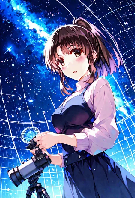 1girl, misaki_kurehito_3, katou megumi, Megumi,brown hair,kato megumi,brown eyes, short hair , ponytail , medium breasts, solo, looking at viewer, masterpiece, best quality, astronomer outfit, star chart sweater, telescope nearby, observatory dome background, star-filled night sky, planetary models, control panels, star maps, looking through telescope, curious scientific expression, constellations visible, holographic displays, meteor shower, astronomical equipment, blue nighttime lighting, technical atmosphere, glass dome ceiling, wide angle perspective