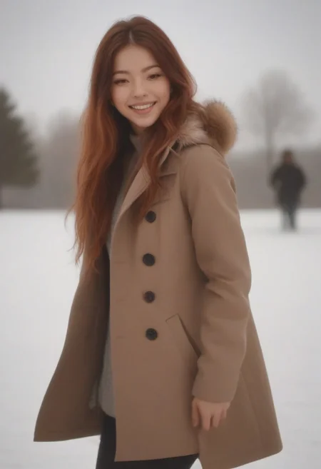 em5588, best illustration, illustration, masterpiece, best quality, ultra-detailed, photo of beautiful woman, (masterpiece), (best quality), (detailed), (8k), (cinematic lighting), (sharp focus), (intricate);
1girl, 25yo, small ass, seductive, red-brown hair. coat, smile, high breasts, small puffy breasts, perfect light makeup, look at me;
Winter, snow, in the park,