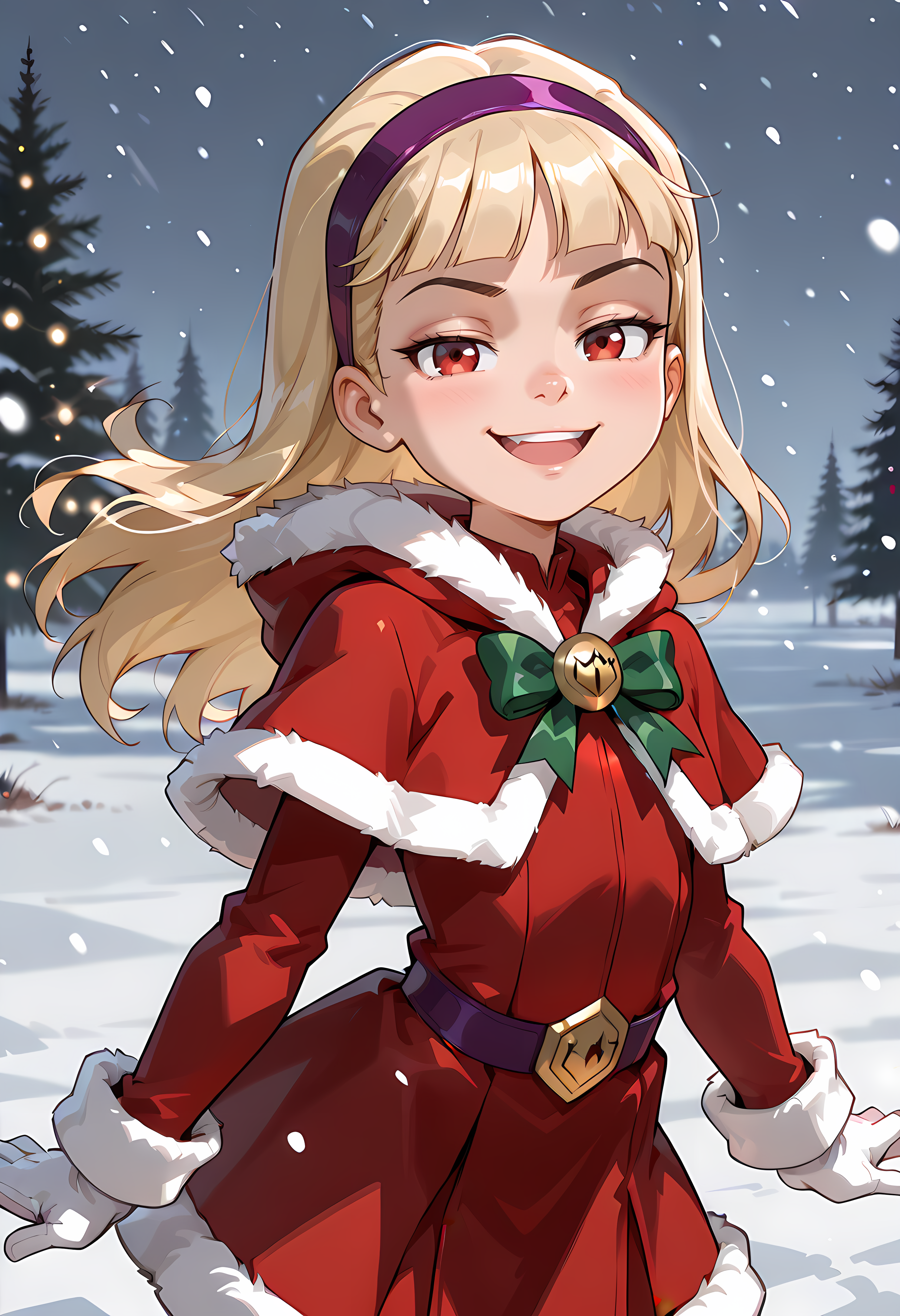score_7, score_7_up, score_9, score_9_up, BREAK, DC__Young_Justice_Child, 1girl, blond hair, red eyes, purple hairband, , smug smile,  arched back, cowboy shot, solo, child <lora:justice_girl_childILL:1>, (portrai shot, upper body), happy, looking at viewer, upper teeth, looking at viewer,  christmas, fur trim, red capelet, red dress, fur-trimmed dress, long sleeves, white gloves, snowing, outdoors