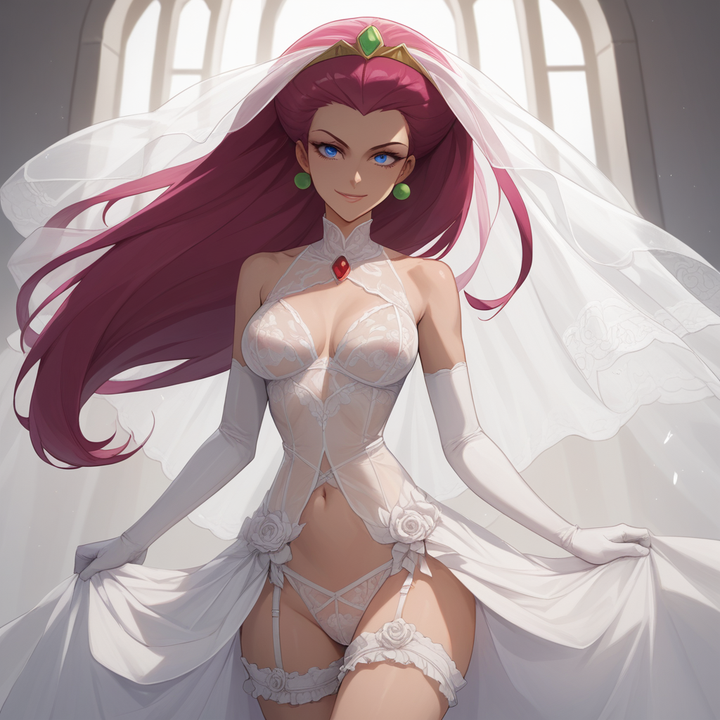 score_9, score_8_up, score_7_up,source_anime, BridallingerieXL, high res image, masterpiece, best quality,high detailed,very aesthetic, absurdres, BREAK, Jessie\(Pokemon\), 1woman, cute face,clear skin,shiny hair,ultra detailed eyes,(black_hair:1.5),(long_hair),blue_eyes, bare_shoulders,revealing_clothes, bridal_lingerie, bridal_veil, bridal_garter, elbow gloves, white ribbon, white silk, see-through,light_smile, cowboy_shot, dutch_angle,
