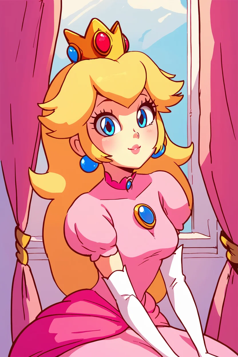 score_9, score_8_up, score_8, medium breasts, (curvy), cute, eyelashes, upper body, princess peach, 1girl, solo, long hair, breasts, looking at viewer, smile, bangs, blue eyes, blonde hair, gloves, dress, jewelry, medium breasts, sitting, closed mouth, collarbone, short sleeves, earrings, elbow gloves, puffy sleeves, white gloves, puffy short sleeves, crown, curtains, brooch, pink dress, <lora:Princess_Peach_Shiny_Style_V2:0.6>, <lora:Diives_P1:1.2>,