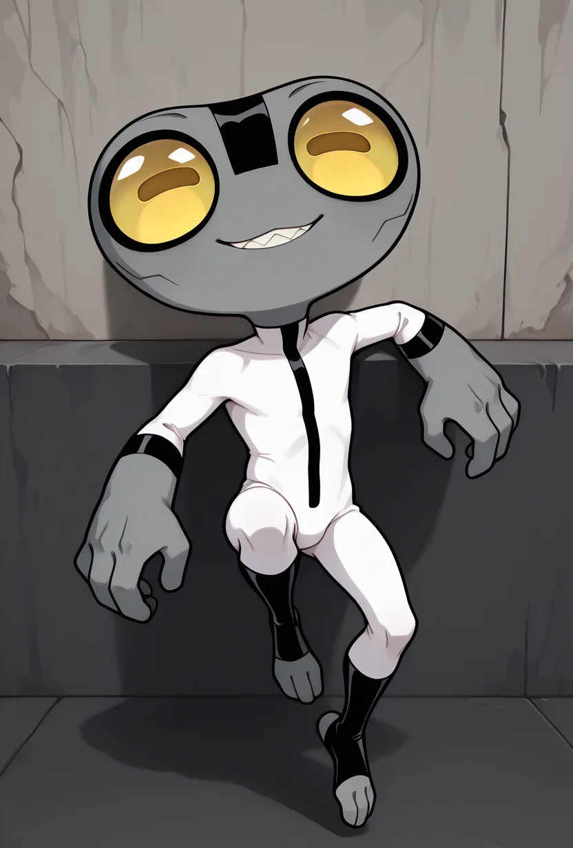 <lora:greymatter-09:1> greymatter, solo, 1boy, white bodysuit, grey skin, , small body, big hands,  , sharp teeth, big yellow eyes, big head, dynamic pose,,, , tiny character, <lora:meme_mutsukiface_illustriousXL:1> mutsukiface, chibi, portrait, close-up, smile, :3, closed mouth, masterpiece, best quality, amazing quality, very aesthetic, absurdres, newest,