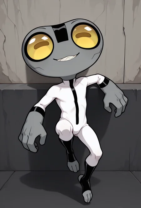 <lora:greymatter-09:1> greymatter, solo, 1boy, white bodysuit, grey skin, , small body, big hands,  , sharp teeth, big yellow eyes, big head, dynamic pose,,, , tiny character, <lora:meme_mutsukiface_illustriousXL:1> mutsukiface, chibi, portrait, close-up, smile, :3, closed mouth, masterpiece, best quality, amazing quality, very aesthetic, absurdres, newest,