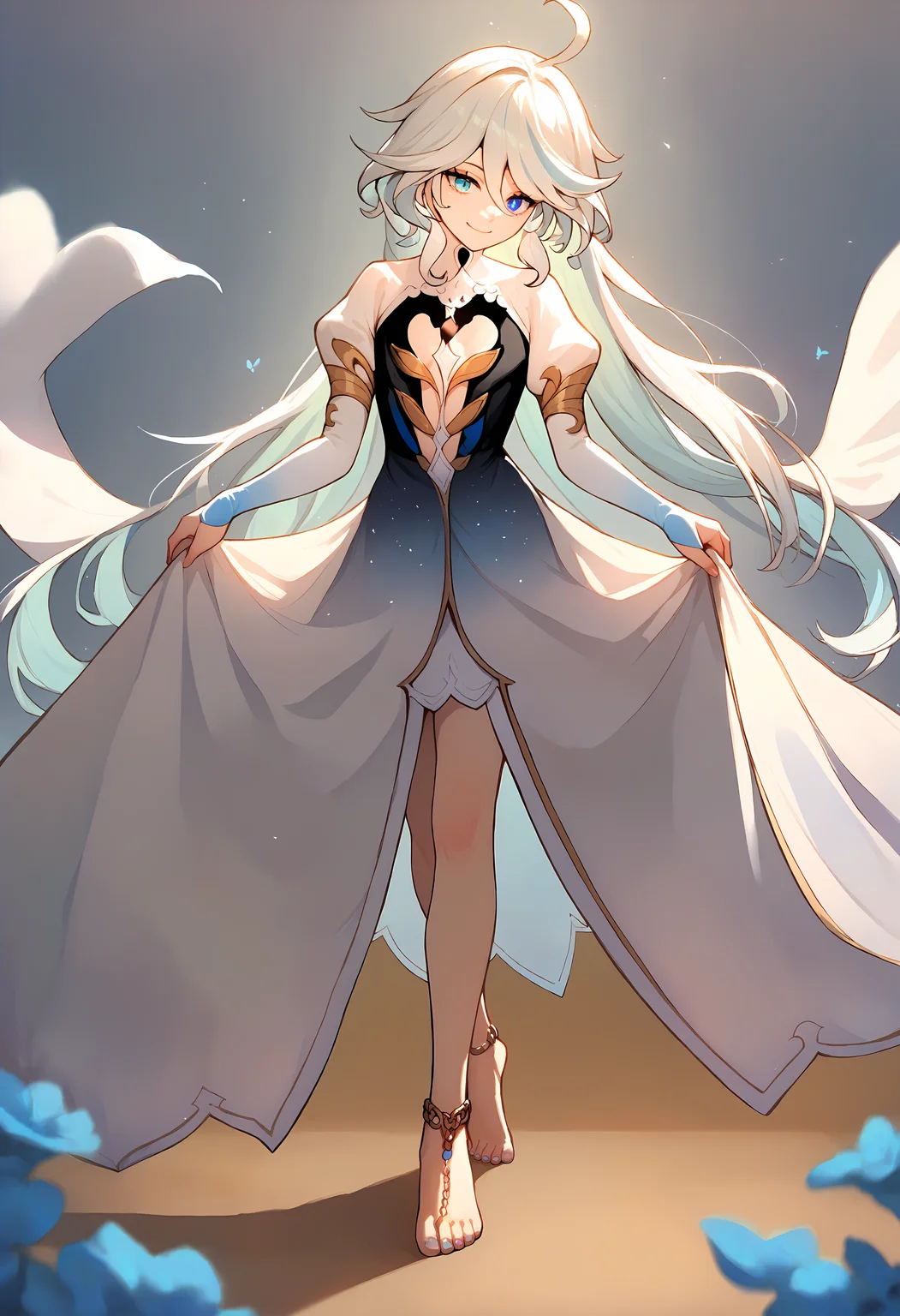 (score_9, score_8_up, score_7_up), 1girl, focalors, heterochromia, cutout dress, long sleeves, anklet, barefoot, standing, curtsey, smile, closed mouth, <lora:furina-giPO-v1b:0.9>, <lora:curtsey-gesturePO-v1:0.9>