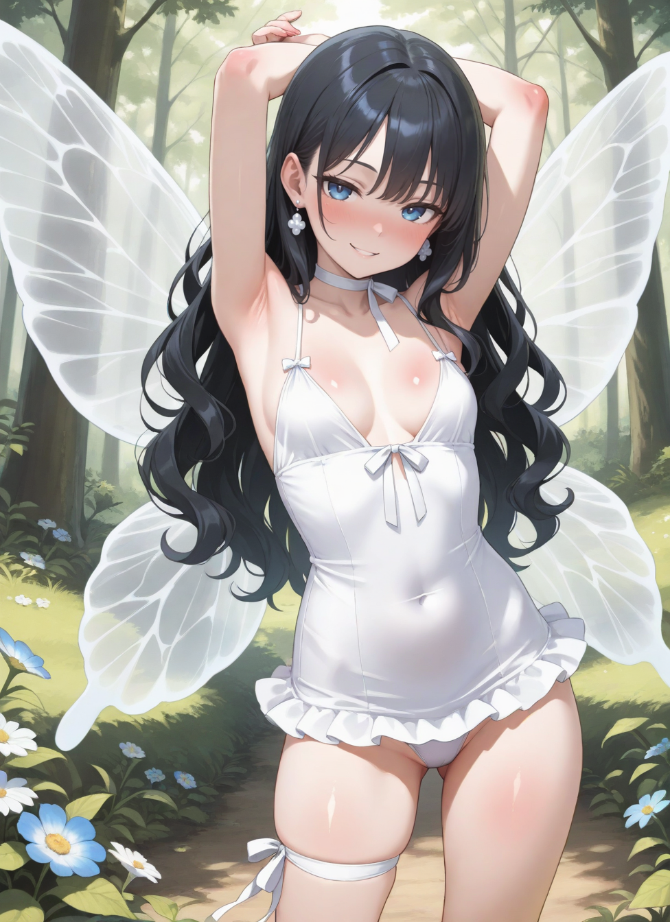 beautiful sexy sweet and shy forest fairy girl, transparent whitewings, long black wavy hair, blue eyes, tiny white flower tight dress, open clothes,  small breasts, cleavage,  large earrings, big red lips. nice bottom, white choker ribbon, tiny white string panties, standing at the forest, arms up,, <BREAK> , masterpiece, amazing quality, best quality, ultra-detailed, 8K, illustration, CG, clear skin, ultra-detailed-eyes, soft skin,, , sexually suggestive, naughty face, horny, naughty face, nose blush,, <BREAK> (body blush:1.2),