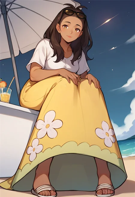 1girl, mother_al, looking at viewer, hands on own knees, yellow skirt, long skirt, floral print, white shirt,  from below, leaning forward, eyewear on head,  night sky, dark-skinned female, beach, beach umbrella,  <lora:Alola_Mother_Pokemon_SunMoon_Pony:0.6>, score_9, score_8_up, score_7_up, score_6_up, score_5_up, score_4_up,
