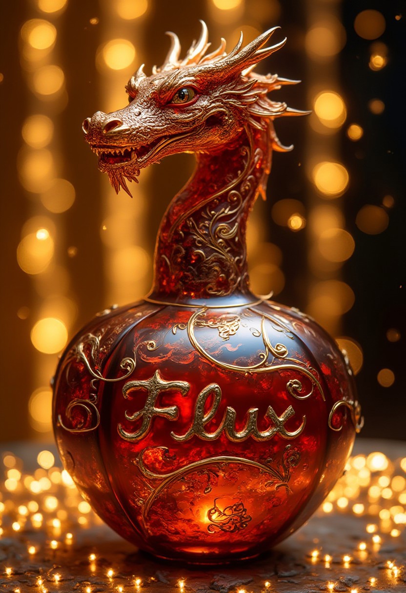 Dragon head perfume bottle, burgundy gold, transparent, openwork, golden shimmer, text in bottle:"Flux", background shimmering curtain of lights, high detail, filigree, aesthetic