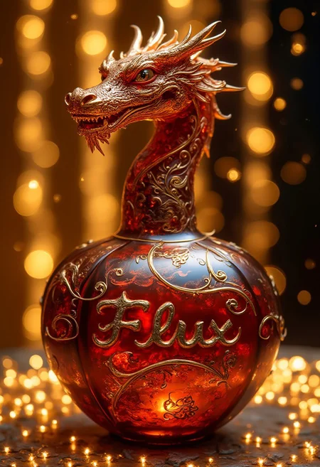 Dragon head perfume bottle, burgundy gold, transparent, openwork, golden shimmer, text in bottle:"Flux", background shimmering curtain of lights, high detail, filigree, aesthetic