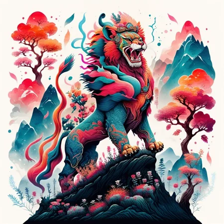 an image of a colorful dance lion on the mountain, trees, SF_Carton style,carton, four legs<lora:0208_sprint_festival-checkpoint-8000:1>
