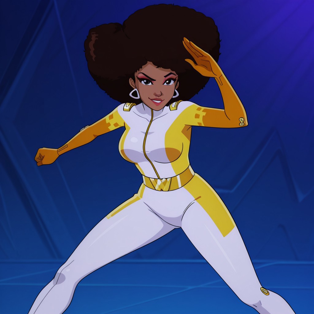 masterpiece, best quality, good quality, 1girl, solo, cartoon, totally_spies_2k24, zerlina, brown hair, afro, brown eyes, dark-skinned female, makeup, jewelry, earrings, necklace, white bodysuit, sexy, large breasts, beautiful, detailed, high detailed, very beautiful, detailed face, detailed eyes, detailed hand, abstract background, neon, smirk, looking at viewer, pose, (fighting stance), standing