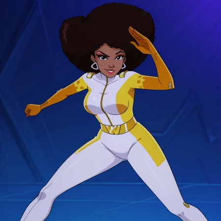 masterpiece, best quality, good quality, 1girl, solo, cartoon, totally_spies_2k24, zerlina, brown hair, afro, brown eyes, dark-skinned female, makeup, jewelry, earrings, necklace, white bodysuit, sexy, large breasts, beautiful, detailed, high detailed, very beautiful, detailed face, detailed eyes, detailed hand, abstract background, neon, smirk, looking at viewer, pose, (fighting stance), standing