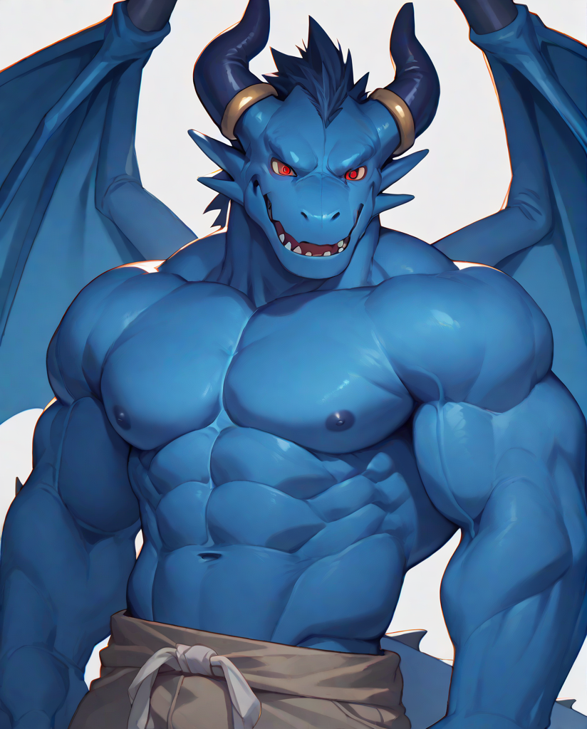 score_9,score_8 up,score_7 up,score_6 up,blue_dragon,dragon,wings,horns,blue body,red eyes,muscles,muscular,<lora:Blue_Dragon:1>,