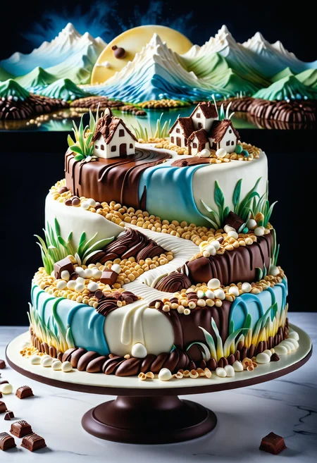 A masterpiece of a giant cake, cibulak porcelain technique of a landscape of an ethereal (The Dead Marshes:1.2) , Bathed in shadows, Horror, immense, Jed-ChocoC, chocolate, cereals, <lora:last:0.7>, Jed-whtccae, <lora:WhiteChocoStyle-000005:0.6>, Jed-mrshmlw, <lora:MarshmallowStyle-000007:0.5>, Icing, stunningly beautiful background, masterpiece, positive emotions, delicate, luxurious sharp focus, fertile, ambient