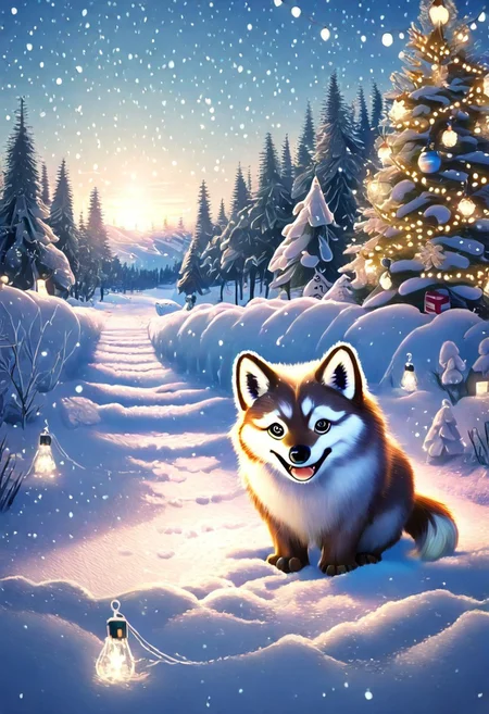 Animal Christmas, masterpiece, best quality, cute wolf, near decorated tree, snowy ground, twinkling lights, Arctic vibes, playful expression, glowing ornaments, cozy holiday, frosty backdrop, bright holiday colors, cheerful cub, soft snowfall, joyful energy, festive forest