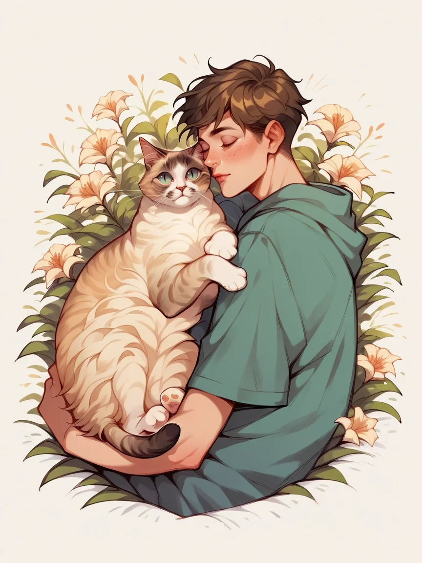 score_9, score_8_up, score_7_up, score_6_up, score_5_up, <lora:c4tsXLP:0.9> c4ts, (tabby:0.6) siamese cat, <lora:p3tl0v3XLP:1> p3tl0v3, 1boy, cat,