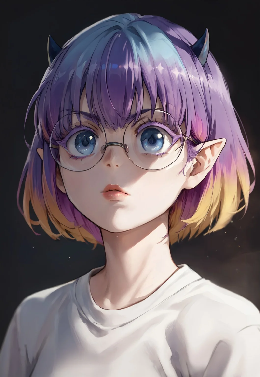 safe_pos, 1 girl, standing eye catching, solo, light blue hair, short hair, blue eyes, horns, round eyewear, colored eyelashes, (,((score_9, score_8_up)):1.5), perfect lighting, anime, anime style, lighting, best quality, masterpiece, (head to thighs) 1girl, solo,beautiful face,contoured eyebrows,erotic model, full lips, skin colored lips, thin lips, perfect, detailed, best, full body:1, standing:1, multicolored hair, purple hair, short hair, blue eyes, horns, pointy ears