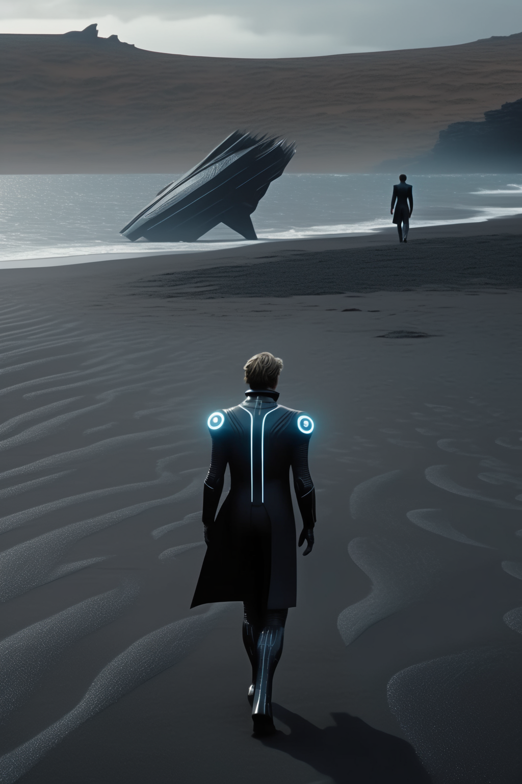 <lora:Director Christopher Nolan style:1>Director Christopher Nolan style - A Cinematic scene from 2021, science fiction, of a person in a tron suit walking away from their landed spaceship on black sand near an ocean, looking out to the distance. The inctricate details of the person's suit, captured very closefilm directedgloomy, low key lighting