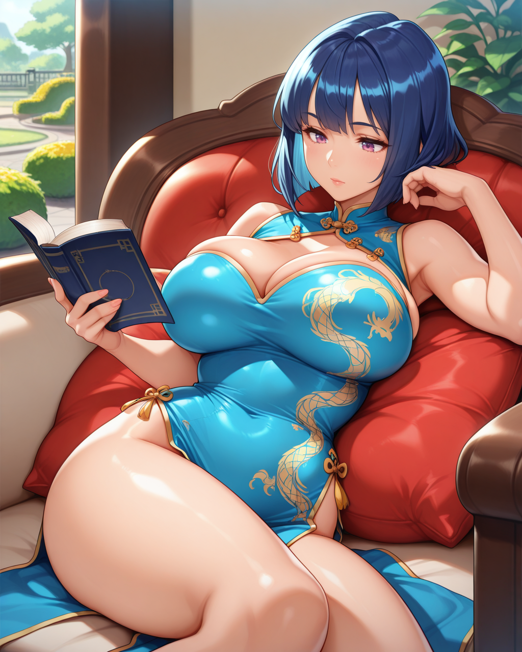 masterpiece,best quality,highres illustration,detailed face,1girl,cowboy shot,<lora:gorgeousbody_IL:1>,gorgeous body,reclining,couch,china dress,blue hair,bob cut,reading book,garden,