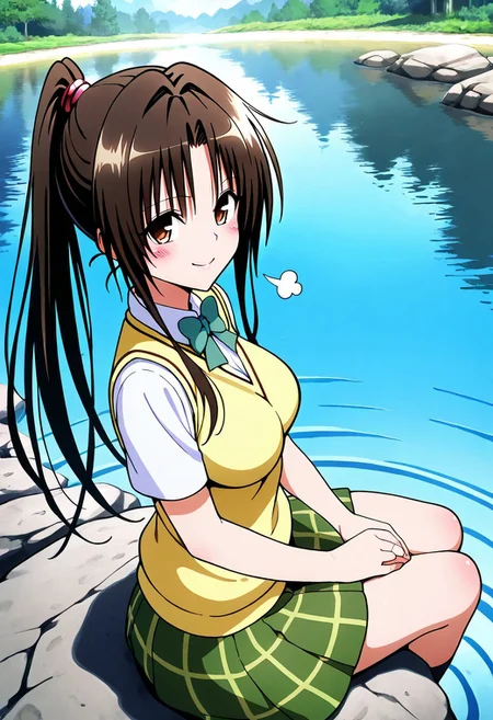 masterpiece, best quality, medium breasts, anime screenshot, to love-ru, to love-ru darkness, absurdres, highres, smile,
rin kujou, long hair, black hair, brown eyes, ponytail, parted bangs, sidelocks, hair intakes,
green skirt, plaid, plaid skirt, sainan school uniform, school uniform, skirt, shirt, white shirt, sweater vest, yellow sweater vest,
sitting on a rock, lakeside, gentle breeze, reflective water, warm sunlight, relaxed expression, looking at viewer, smile, side view, from above, Sitting on a smooth rock by the crystal-clear lake, she leans back on her hands, letting out a soft sigh of contentment. The afternoon sun glistens on the rippling water, creating shimmering reflections that dance across her clothes. hair sways in the light breeze.