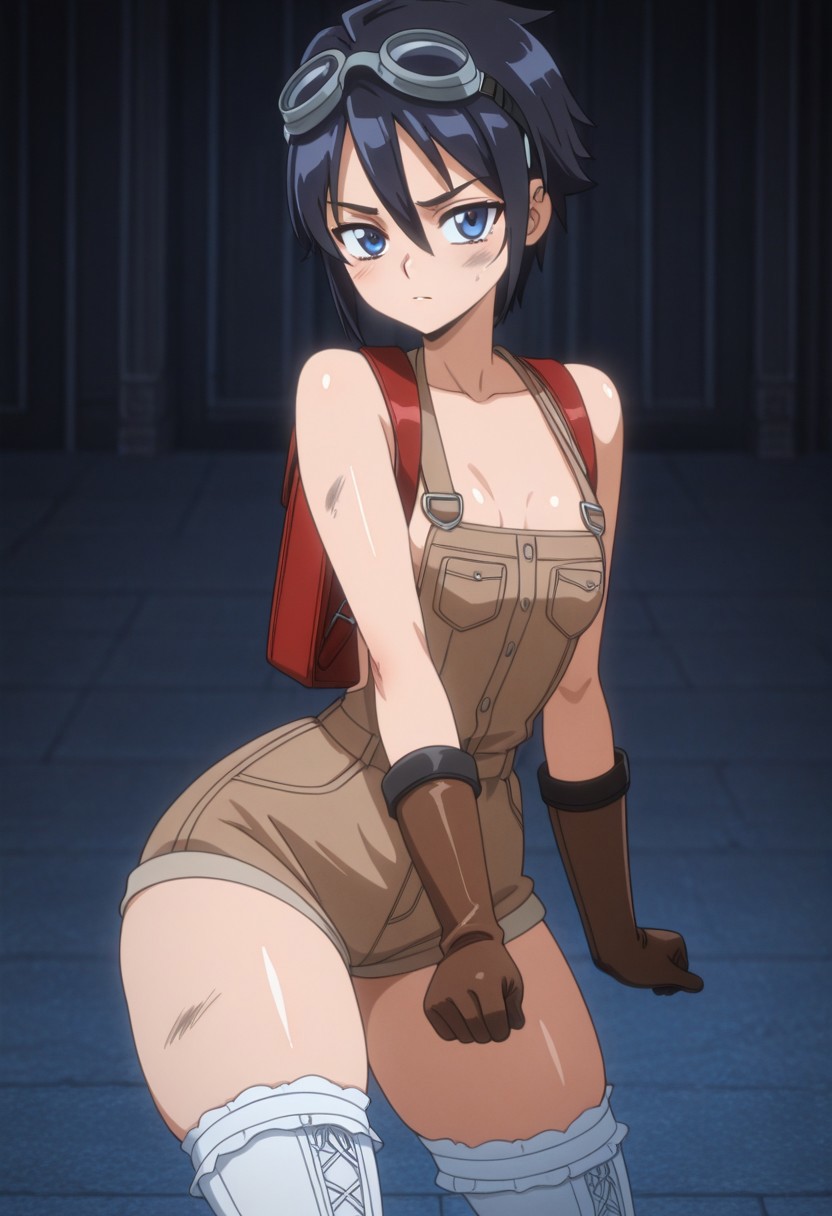 anime screencap, masterpiece, expressiveh, anime coloring, 
score_9, score_8_up, score_7_up, score_6_up,
1girl, solo, blue eyes, tiny breasts, shiny skin, narrow waist, thick thighs, wide hips, perfect body, fit body, cute face, cute eyes,( marie_rose_incise_soul:1.5)
(black hair:1.5), (short hair:1.5), (tomboy hair:1.5), undercut
(brown overall shorts:1.5), white thigh high stockings, brown boots, brown leather gloves, goggles on her head, black crop top, toolbelt, artificer, magic backpack
smiling, looking at the viewer
face smeared with grease, dirty face, 
dynamic pose, sexy pose
skindentation, fantasy background, 
<lora:Expressive_H:1>