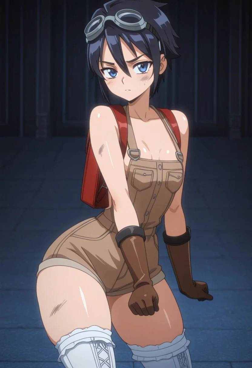 anime screencap, masterpiece, expressiveh, anime coloring,
score_9, score_8_up, score_7_up, score_6_up,
1girl, solo, blue eyes, tiny breasts, shiny skin, narrow waist, thick thighs, wide hips, perfect body, fit body, cute face, cute eyes,( marie_rose_incise_soul:1.5)
(black hair:1.5), (short hair:1.5), (tomboy hair:1.5), undercut
(brown overall shorts:1.5), white thigh high stockings, brown boots, brown leather gloves, goggles on her head, black crop top, toolbelt, artificer, magic backpack
smiling, looking at the viewer
face smeared with grease, dirty face,
dynamic pose, sexy pose
skindentation, fantasy background,
<lora:Expressive_H:1>