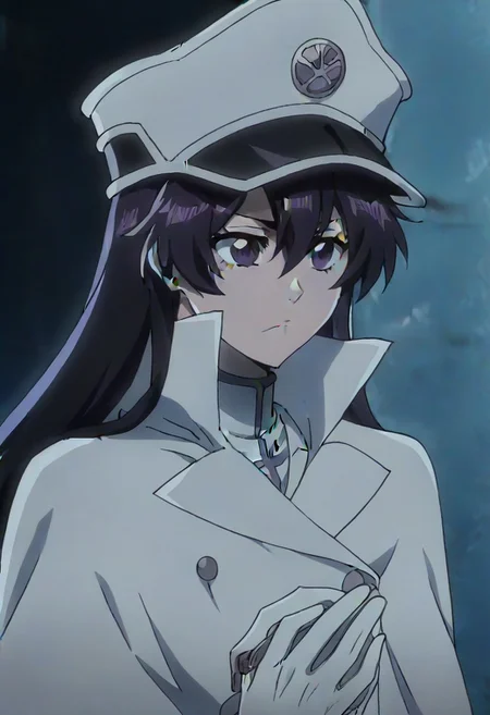 source_anime, anime screencap, anime coloring, nsfw, uncensored, <lora:Bambietta_Basterbine:1>Long hair, black hair, hair between eyes, dark purple eyes,, hat, peaked cap, white headwear, white gloves,