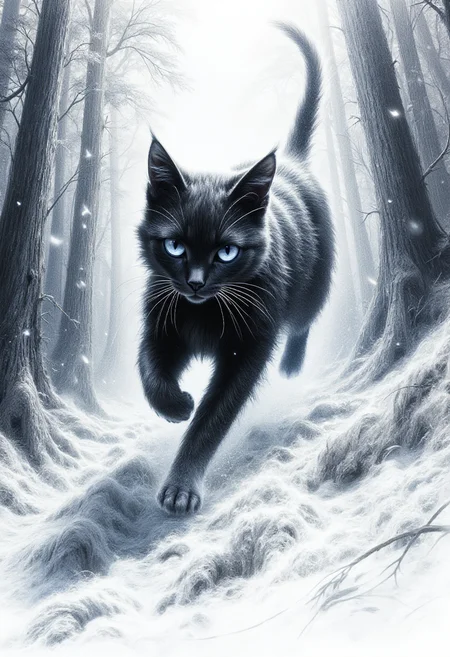 The black and white cat swiftly dashes through the dense forest, its paws leaving behind swift, dark impressions on the soft, moist earth. The rough sketch captures the agile grace of the feline, with erased lines suggesting a dynamic, energetic movement. This pencil drawing is a masterful work of art, trending on ArtStation for its captivating simplicity and intricate details. The blue pencil adds depth and contrast, creating a dreamlike atmosphere that highlights the cat's swiftness and the forest's mysterious allure.blue eyes , <lora:glowing_flux.safetensors:1.0>, <lora:FluxDFaeTasticDetails.safetensors:1.0>,