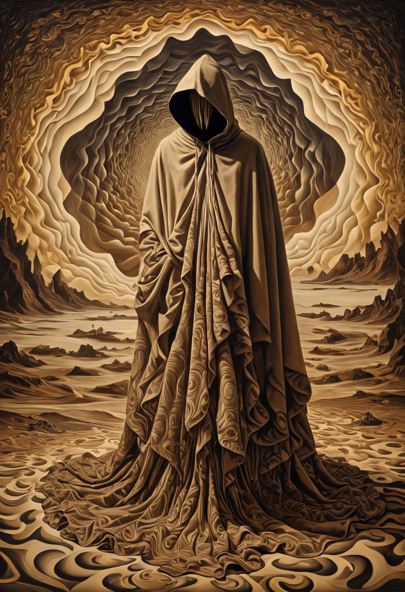 (masterpiece, best quality:1.5), trippy abstract painting in sepia tones of a profile view of a hooded character, face covered by darkness, looking down, the character is sitting and fully covered by a beige cloak, knees up, ass down, the cloak has intricate frills that extend outward from the character creating geometric ripples and patterns, the ripples seamlessly blend into the background, filling the entire painting with a mesmerizing and complex design, the sepia color palette gives the artwork a vintage and surreal atmosphere, the geometric ripples form a hypnotic effect, drawing the viewer’s eye across the canvas, each ripple is carefully detailed with subtle variations in tone and texture, creating depth and dimension in the painting, wide angle, dali, helios-zarbi