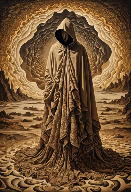 (masterpiece, best quality:1.5), trippy abstract painting in sepia tones of a profile view of a hooded character, face covered by darkness, looking down, the character is sitting and fully covered by a beige cloak, knees up, ass down, the cloak has intricate frills that extend outward from the character creating geometric ripples and patterns, the ripples seamlessly blend into the background, filling the entire painting with a mesmerizing and complex design, the sepia color palette gives the artwork a vintage and surreal atmosphere, the geometric ripples form a hypnotic effect, drawing the viewer’s eye across the canvas, each ripple is carefully detailed with subtle variations in tone and texture, creating depth and dimension in the painting, wide angle, dali, helios-zarbi
