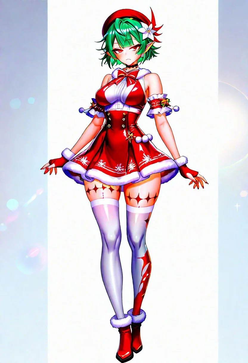 <1girl>, <noah brown>, <action taimanin>,
<>,
<taimanin noah, short hair, short green hair, messy hair, white hair ornament, pointy ears, red pupils, light frown, calm face, choker, medium breasts, leg tattoo, 1 row of four pointed black stars tattoos on the thigh, xmas clothes, small shirt, sleeveless shirt, midriff, high-waist skirt, fur-trimmed skirt, fur-trimmed gloves, white thighhighs, fur-trimmed boots, beret, bowtie, frilled armbands, flower hairpin>
<masterpiece, best quality, newest, absurdres, highres, wind moving the hair and clothes, sharp outlines, bold lining, lens flare, lipstick, makeup, jewelry, nail polish, eyelashes, eyebrow, shiny clothes, impossible clothes, skindentation, 1girl>,
<Full body>