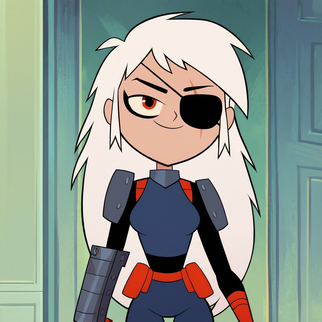 score_9, score_8_up, score_7_up, 1girl, Rose, white hair, long hair, eyepatch, orange eyes, scar on face, medium breasts, narrow waist, wide hips, looking at viewer, highres, high quality, masterpiece, <lora:Rose_Wilson:1>