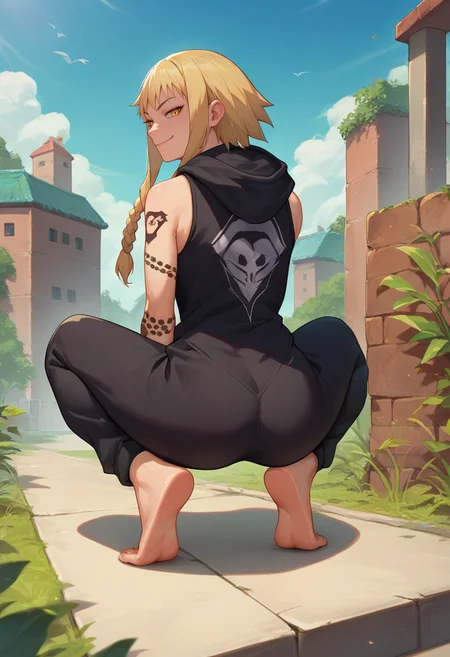 score_9, score_8_up, score_7_up, source_anime, from behind, solo, 1girl, medusagorgon, evil smile, closed mouth, looking back, squatting, tattoo, braid, black hoodie, sleeveless hoodie, bodysuit, jewelry, bare shoulders, barefoot, outdoors <lora:souleater_medusa_ponyXL:1>